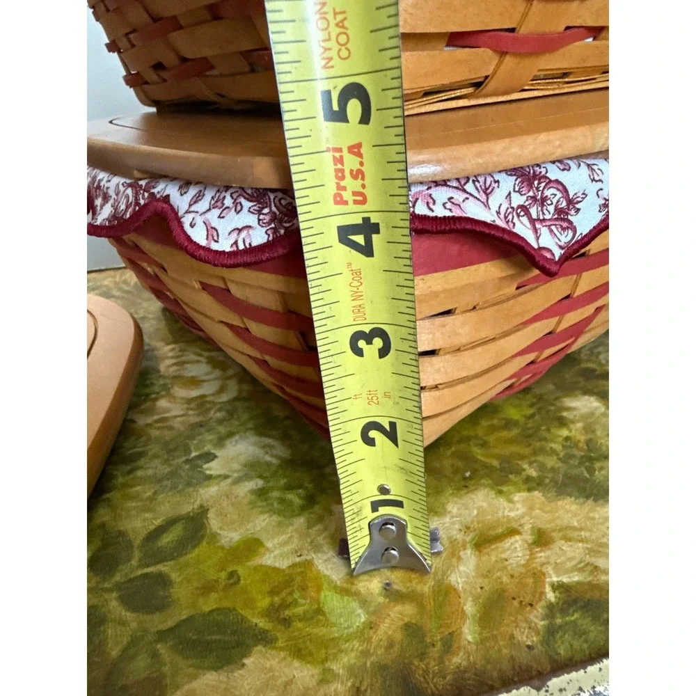 Longaberger Woodcrafts Heart Basket Set 3 Nesting Baskets Lids Toile Liners Red
